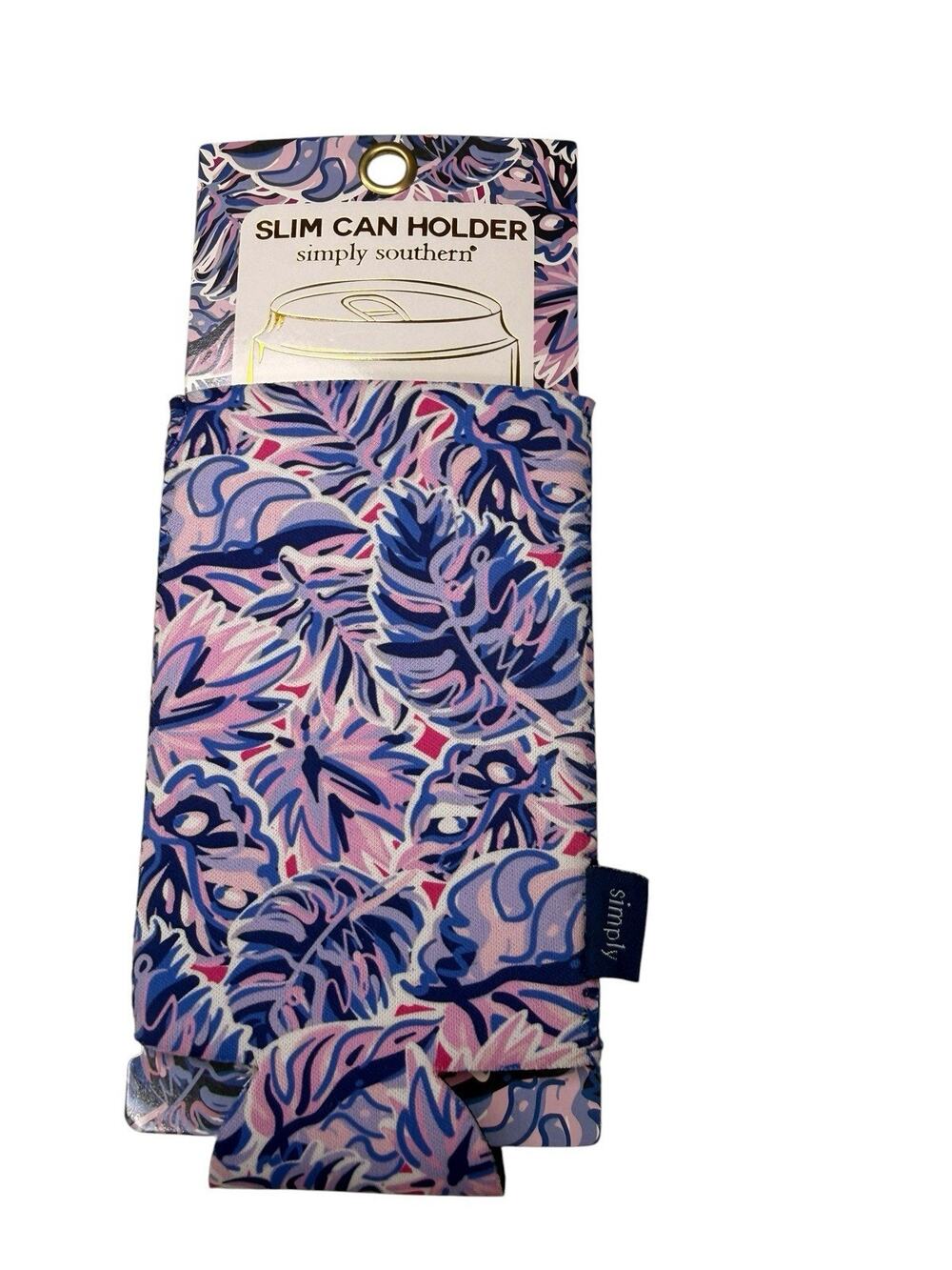 NWT Simply Southern Preppy Slim Can Holder Pink Blue Leaf Tropical Beach Coastal